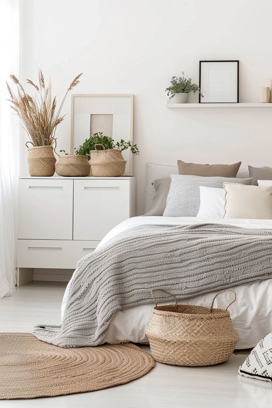 Bedroom with woven baskets and sleek cabinets
