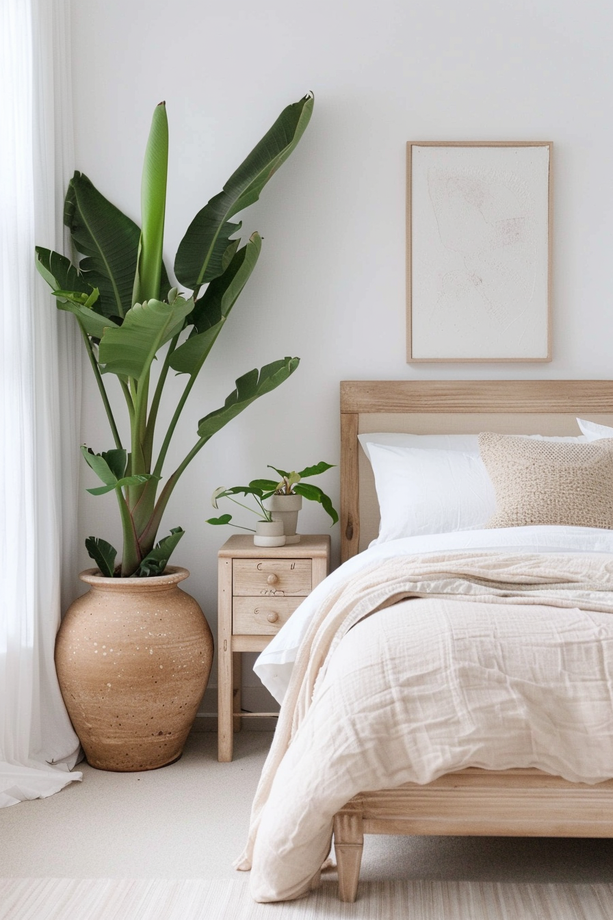 Scandinavian bedroom with potted plants