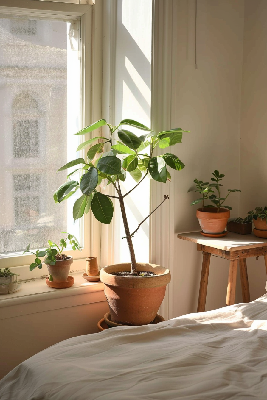 Bedroom with large and small potted plants