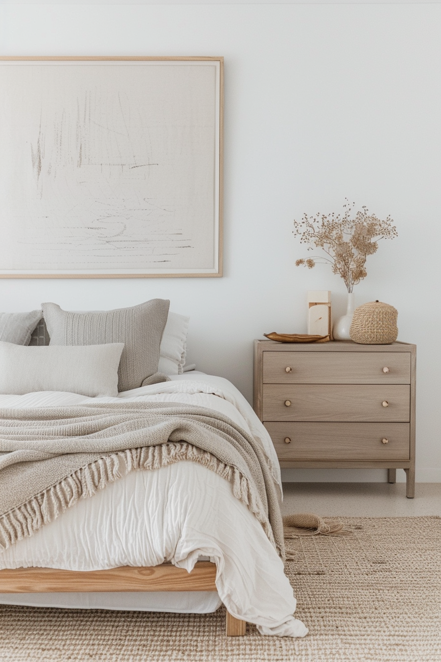 Bedroom with abstract prints and handcrafted decor