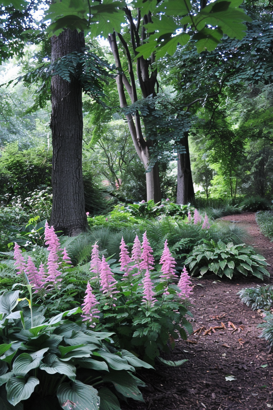 Astilbe with feathery plumes and fern-like foliage