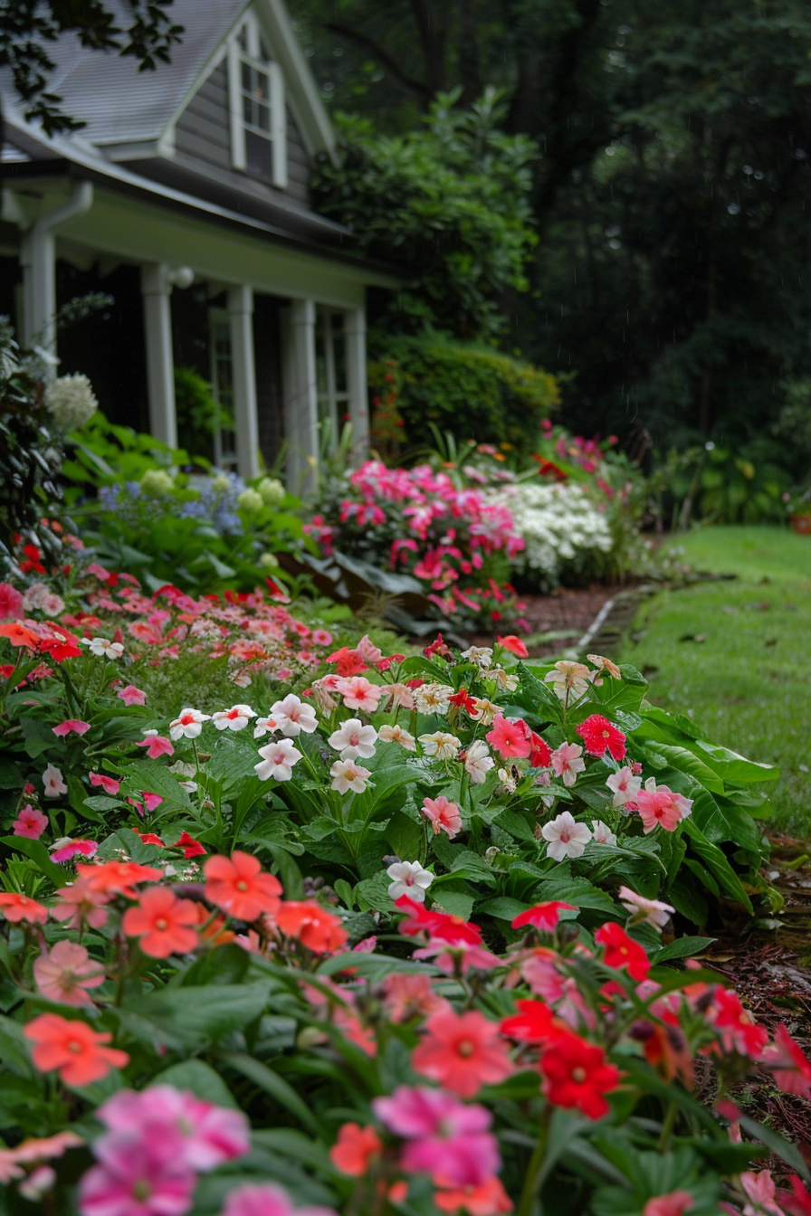 Impatiens with other shade plants in a vibrant front yard garden