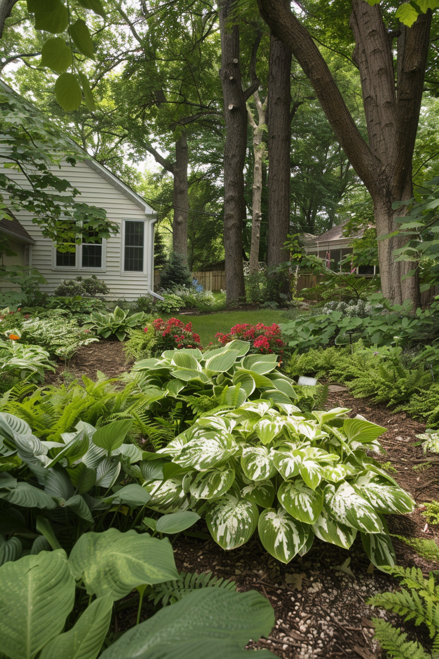 Hosta with ferns and Coral Bells in a shaded garden