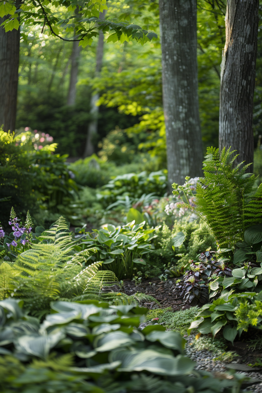 Japanese Painted Fern with silver, purple, and green fronds in a shaded garden