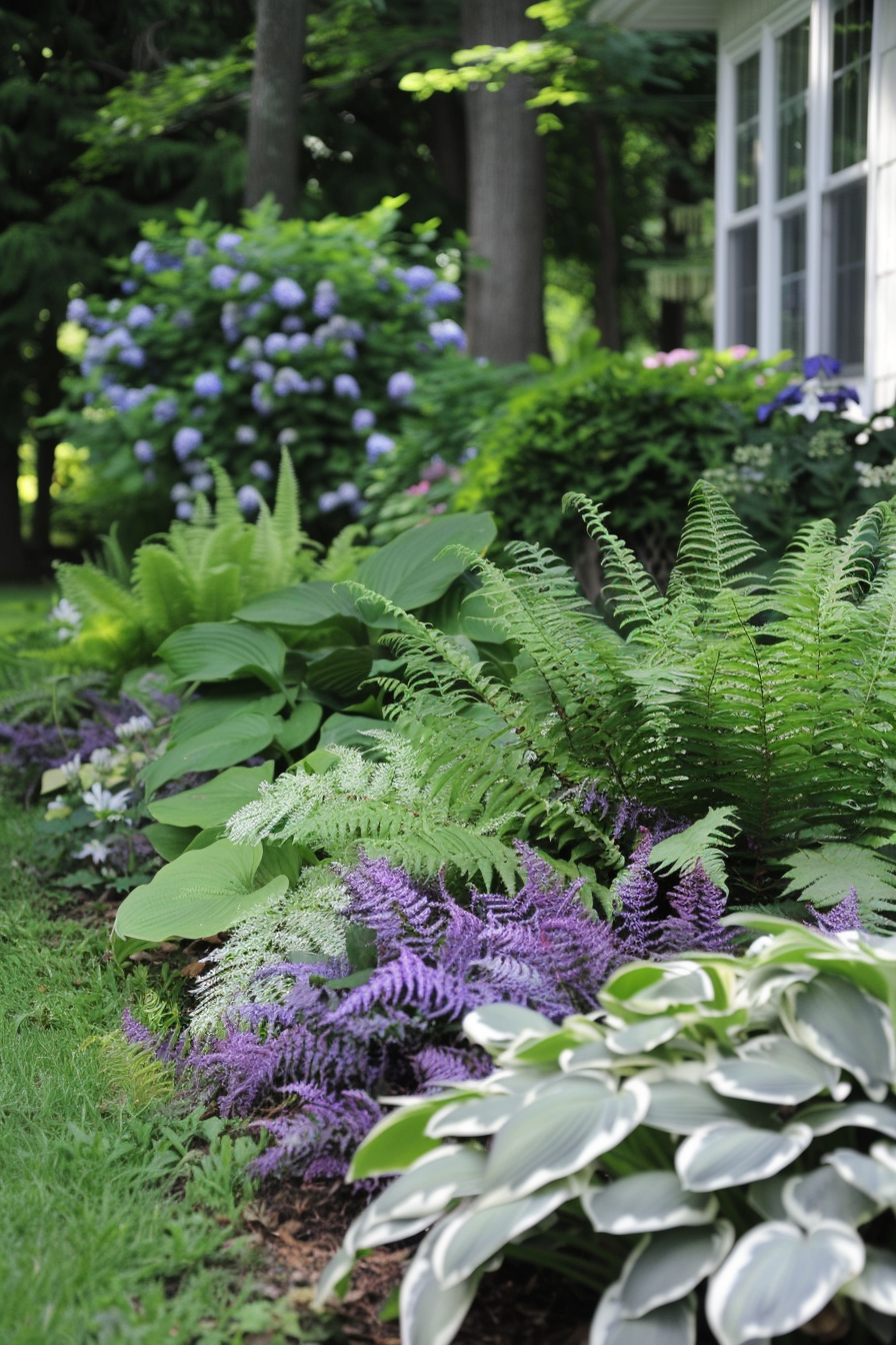 Japanese Painted Fern with hostas and other ferns in a shaded garden