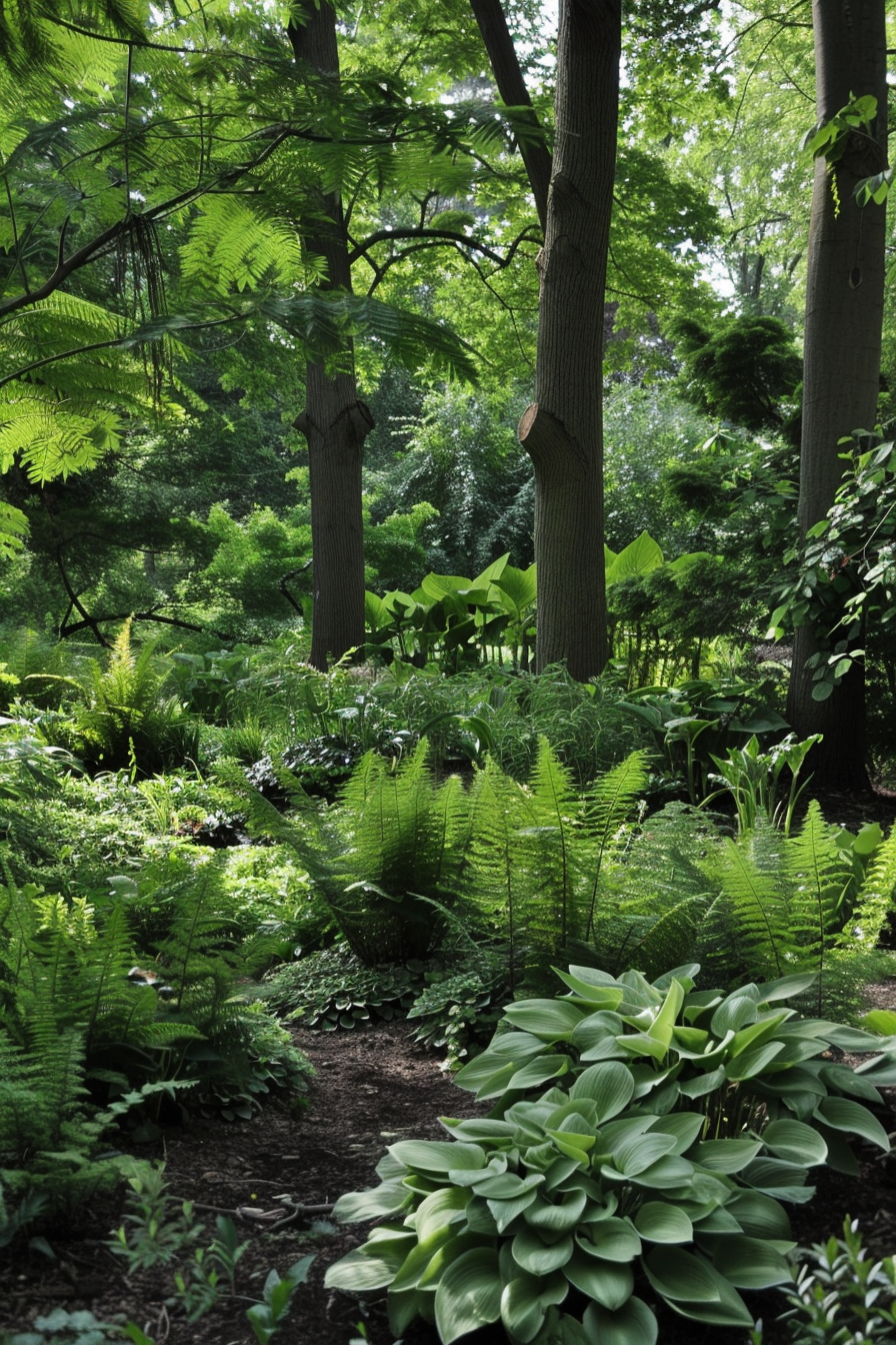 Western Sword Fern with hostas and other ferns in a shaded front yard garden