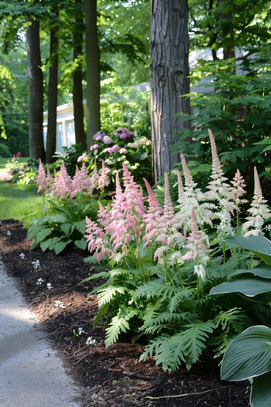 Astilbe planted with ferns and hostas in a shaded garden