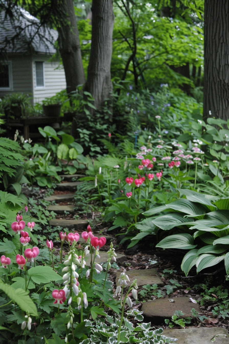 Bleeding Heart with heart-shaped flowers in shaded garden