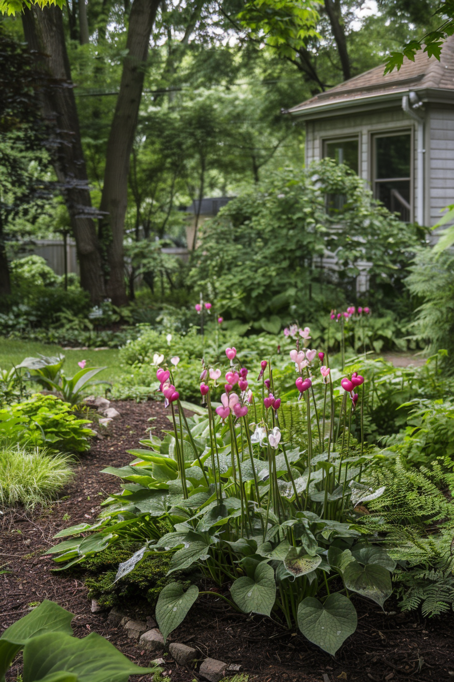 Bleeding Heart with companion plants in a shaded woodland garden