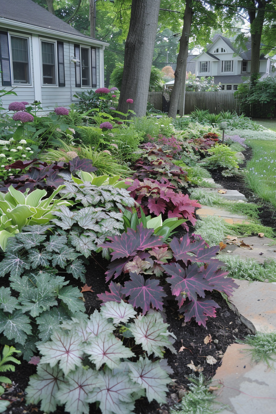 Coral Bells with vibrant foliage in a shaded garden