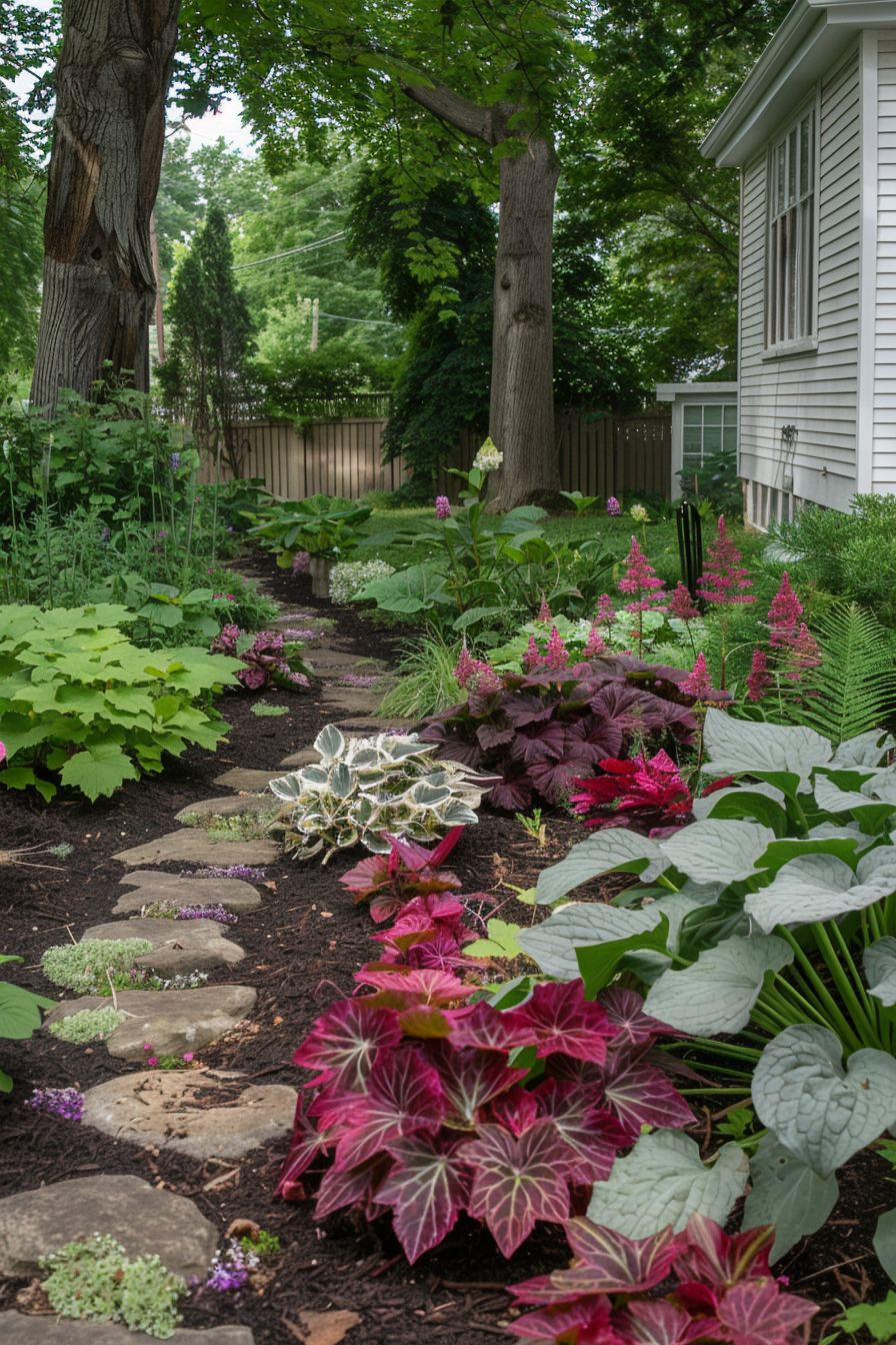 Coral Bells with ferns and hostas in a shaded front yard garden