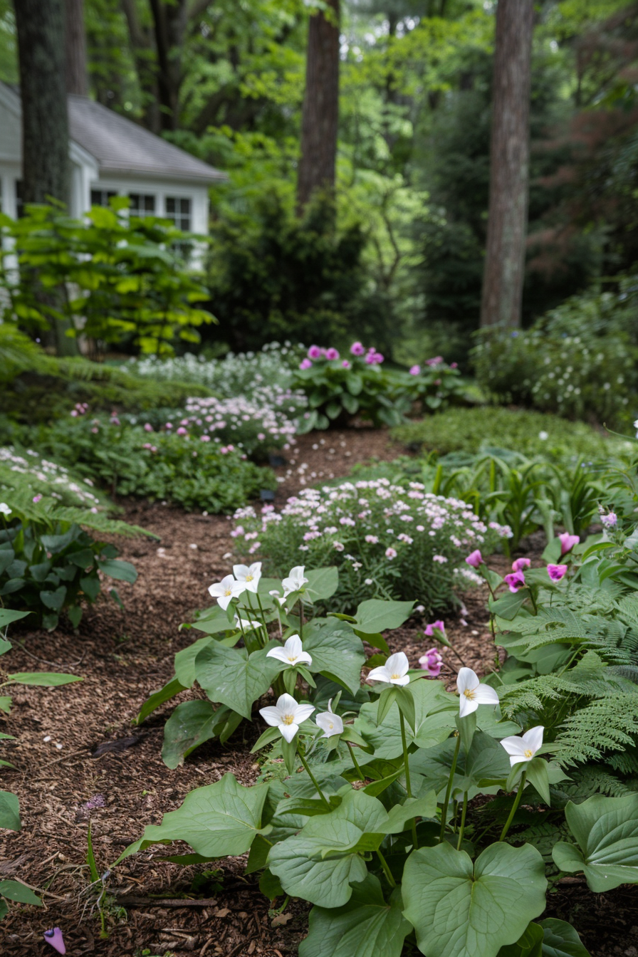 Trillium with three-petaled flowers in a shaded garden