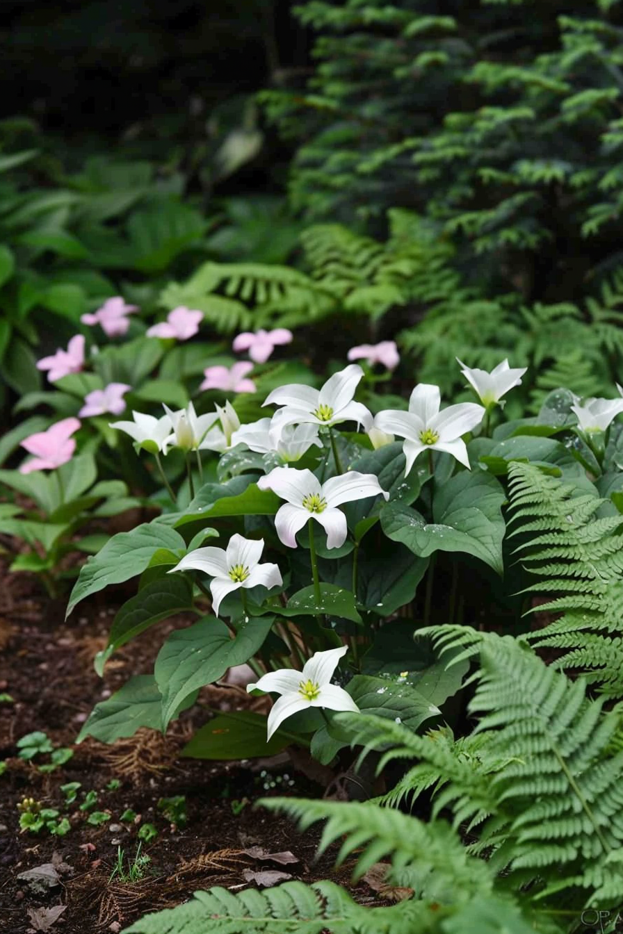 Trillium flowers and foliage in a naturalistic, shaded garden
