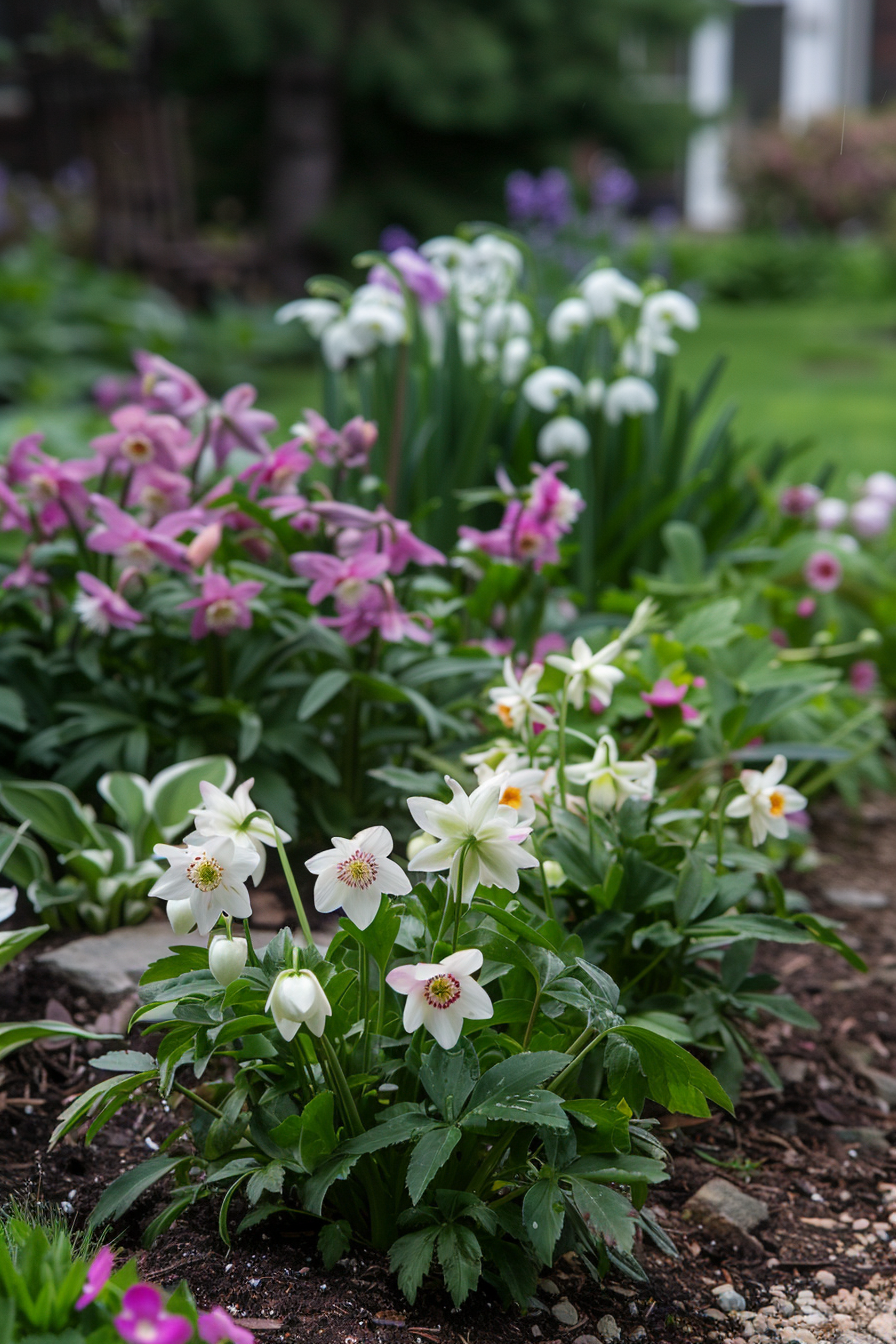 Lenten Rose with nodding blooms in a shaded garden