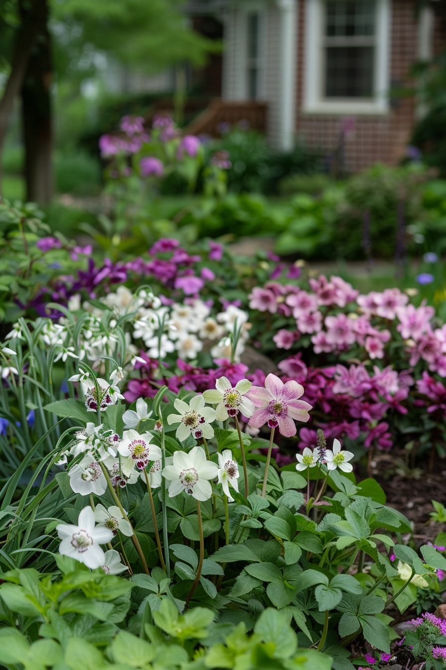 Lenten Rose blooms and foliage in a shaded front yard garden