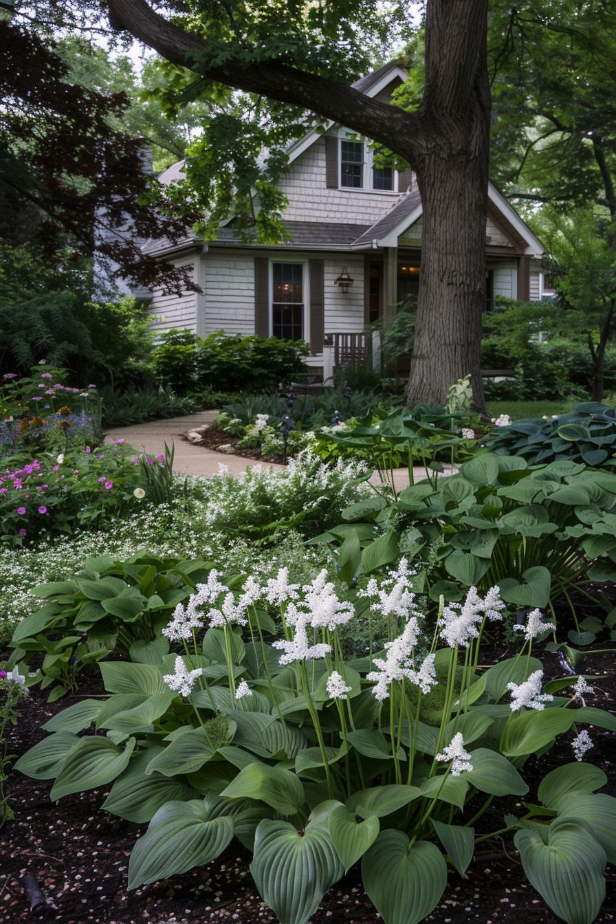 Foamflower with frothy, white blooms in a shaded garden