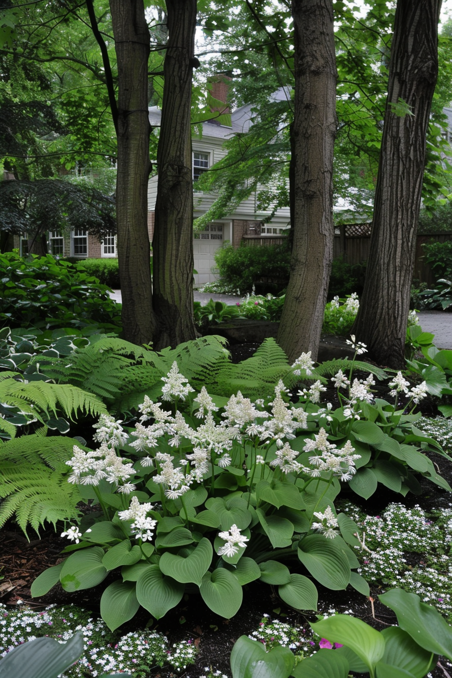 Foamflower blooms and foliage with ferns and hostas in a shaded garden