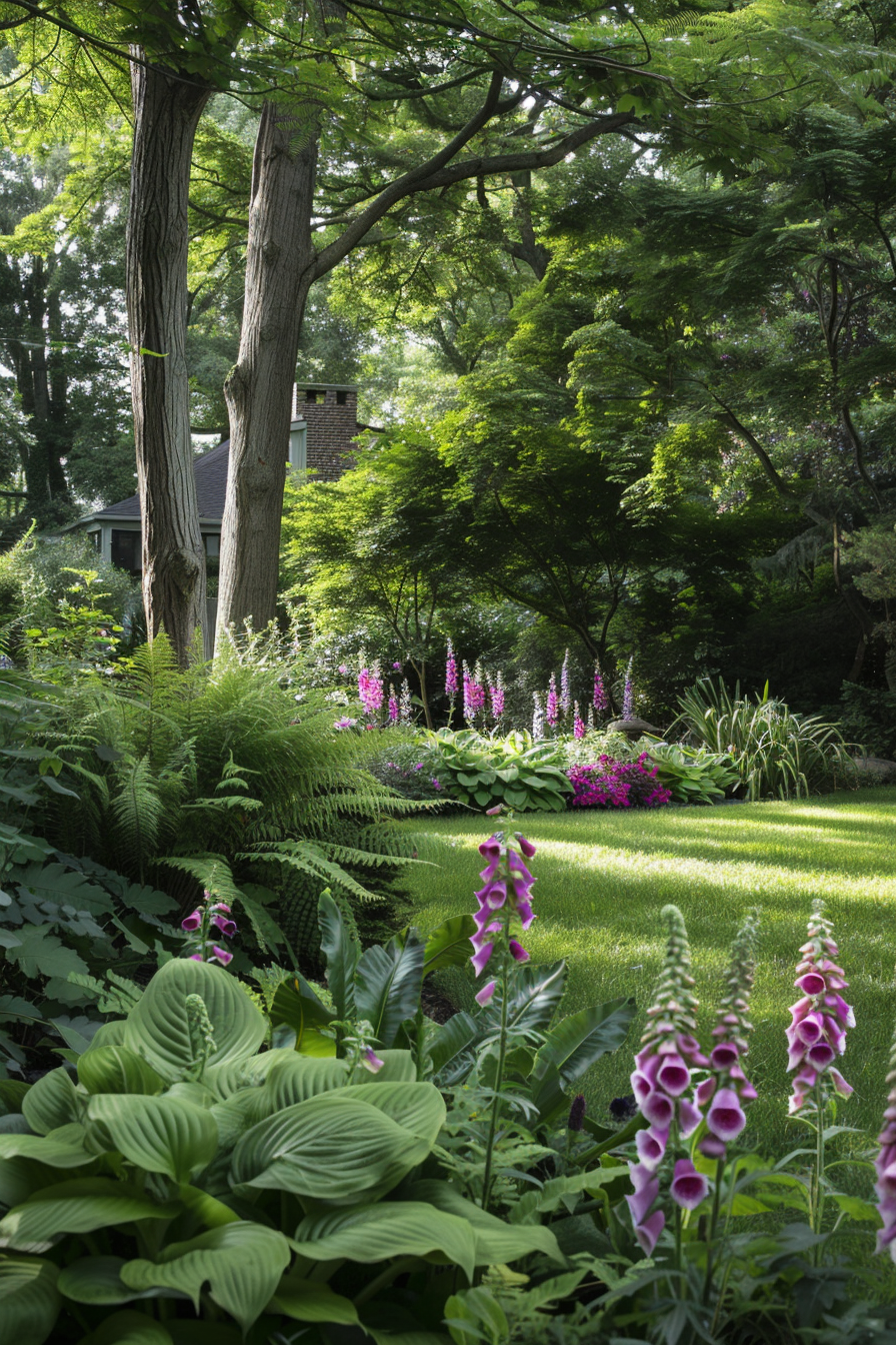 Foxglove with tall flower spikes in a shaded garden