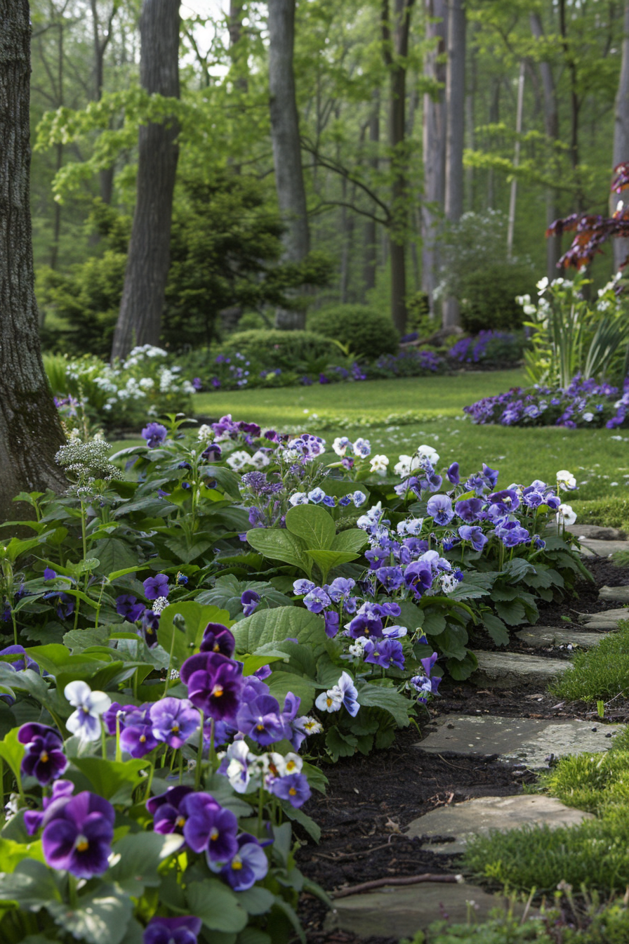 Violets with colorful blooms in a shaded garden
