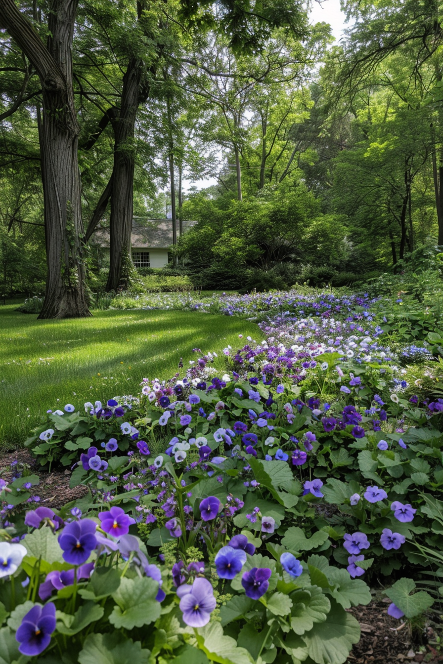 Violets creating a carpet of blooms in a shaded garden