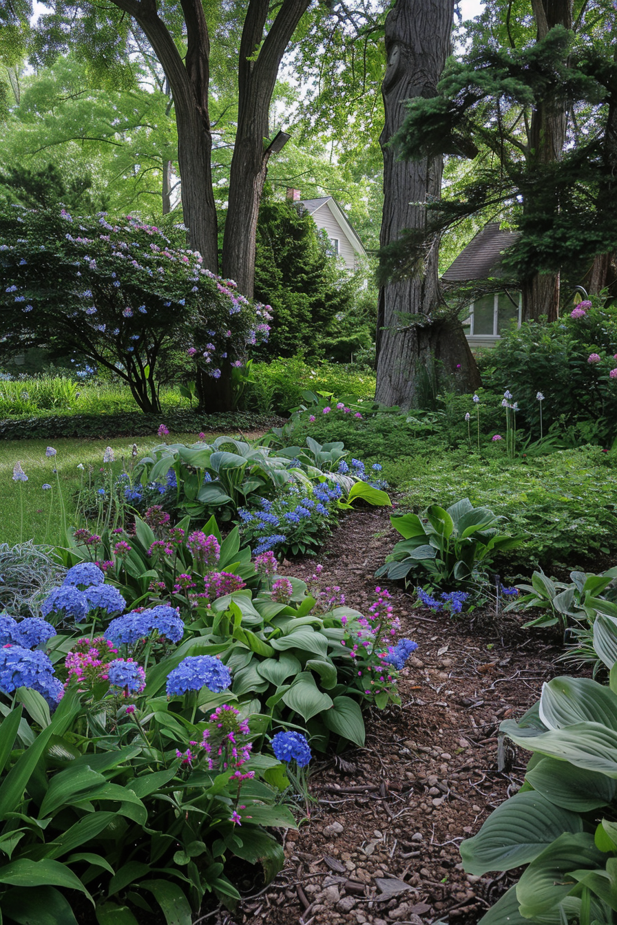 Lungwort with speckled foliage and colorful blooms in a shaded garden