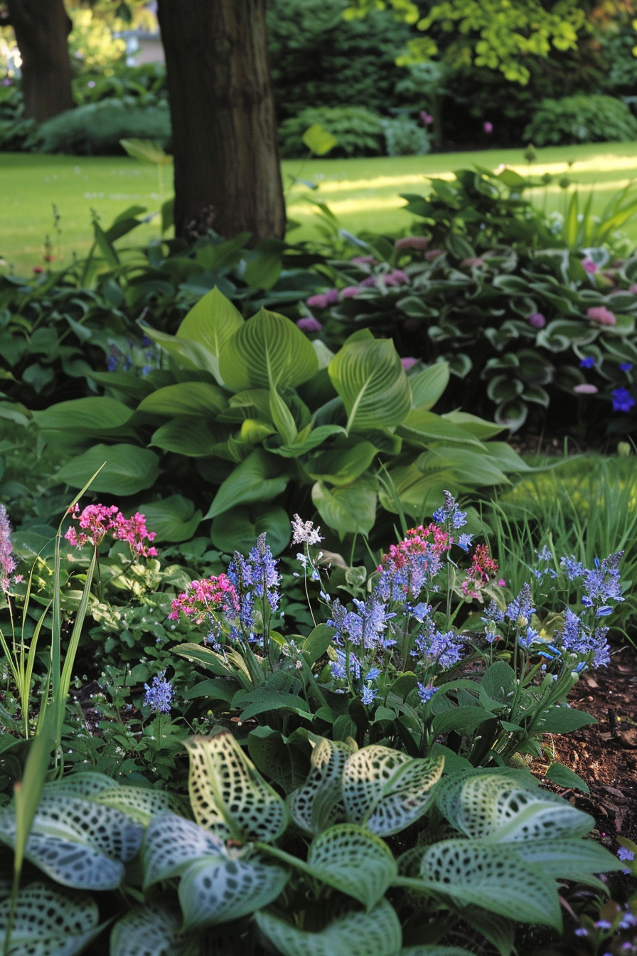 Lungwort with hostas and ferns in a shaded front yard garden