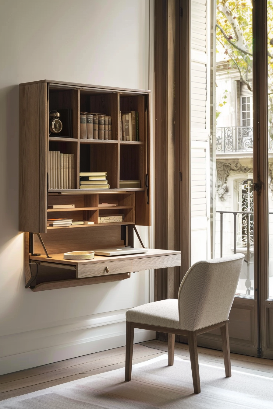 Foldable desk creating a compact workspace
