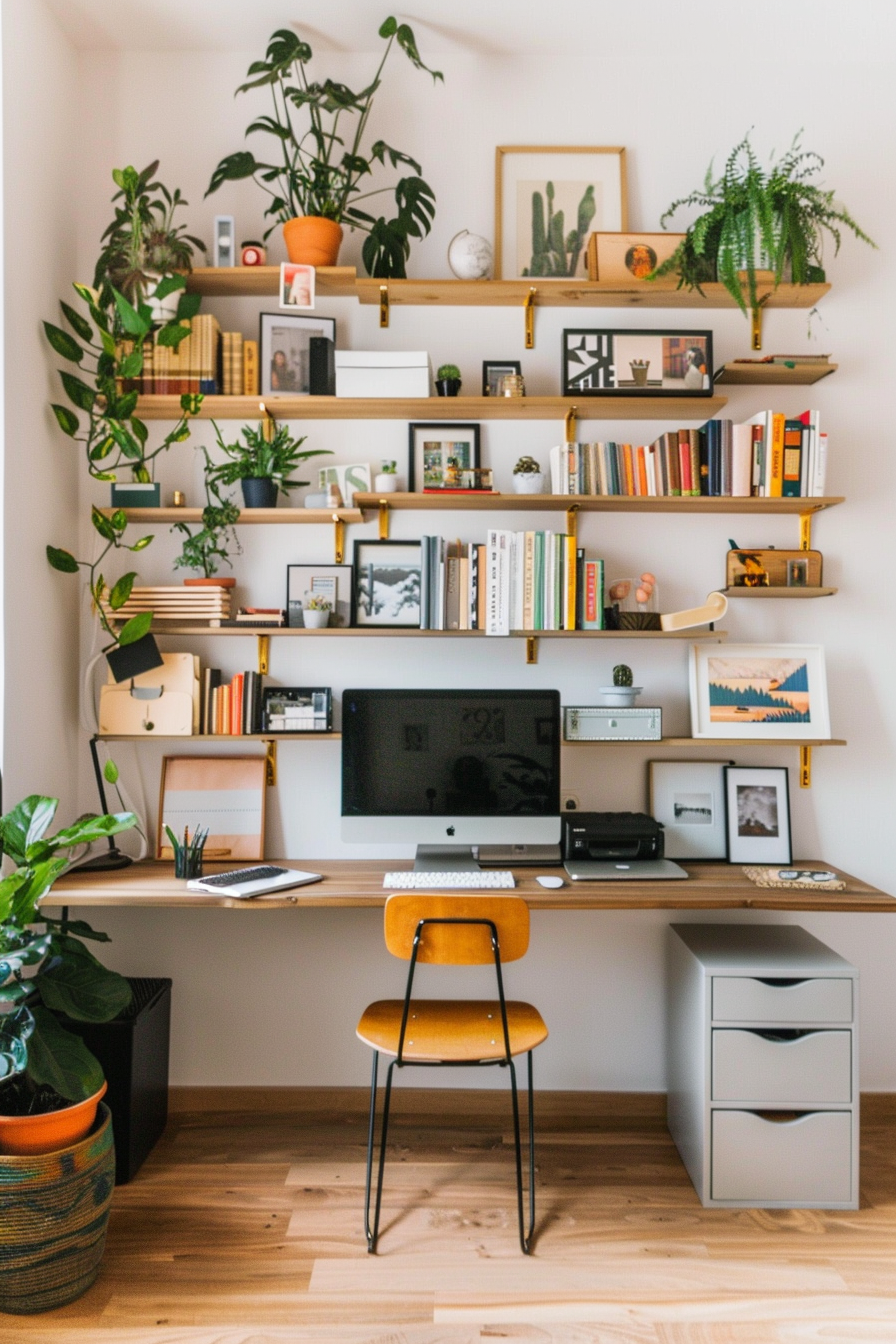 Floating shelves with plants and decor items