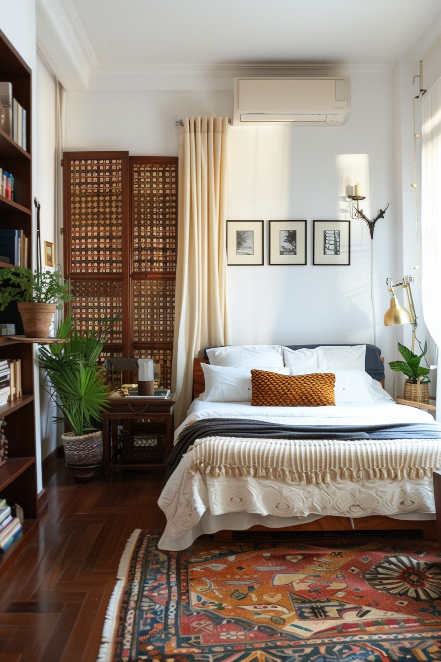 Room divider separating office and bedroom areas
