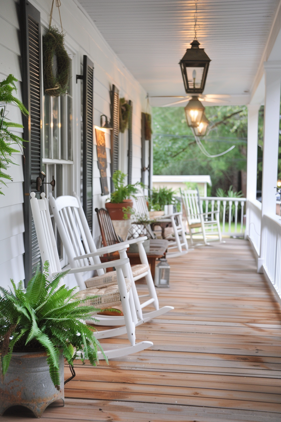 Farmhouse porch with white rocking chairs and wide plank floors.