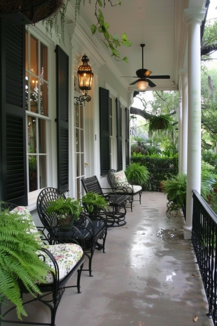 Charleston-style porch with wrought iron furniture and shutters.