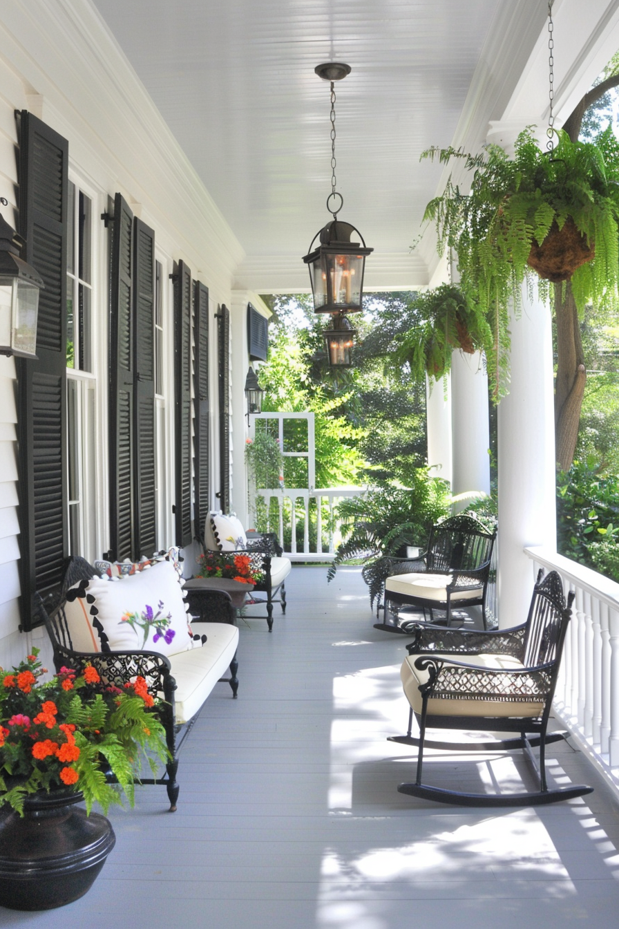 Porch with double doors, shutters, and hanging baskets.