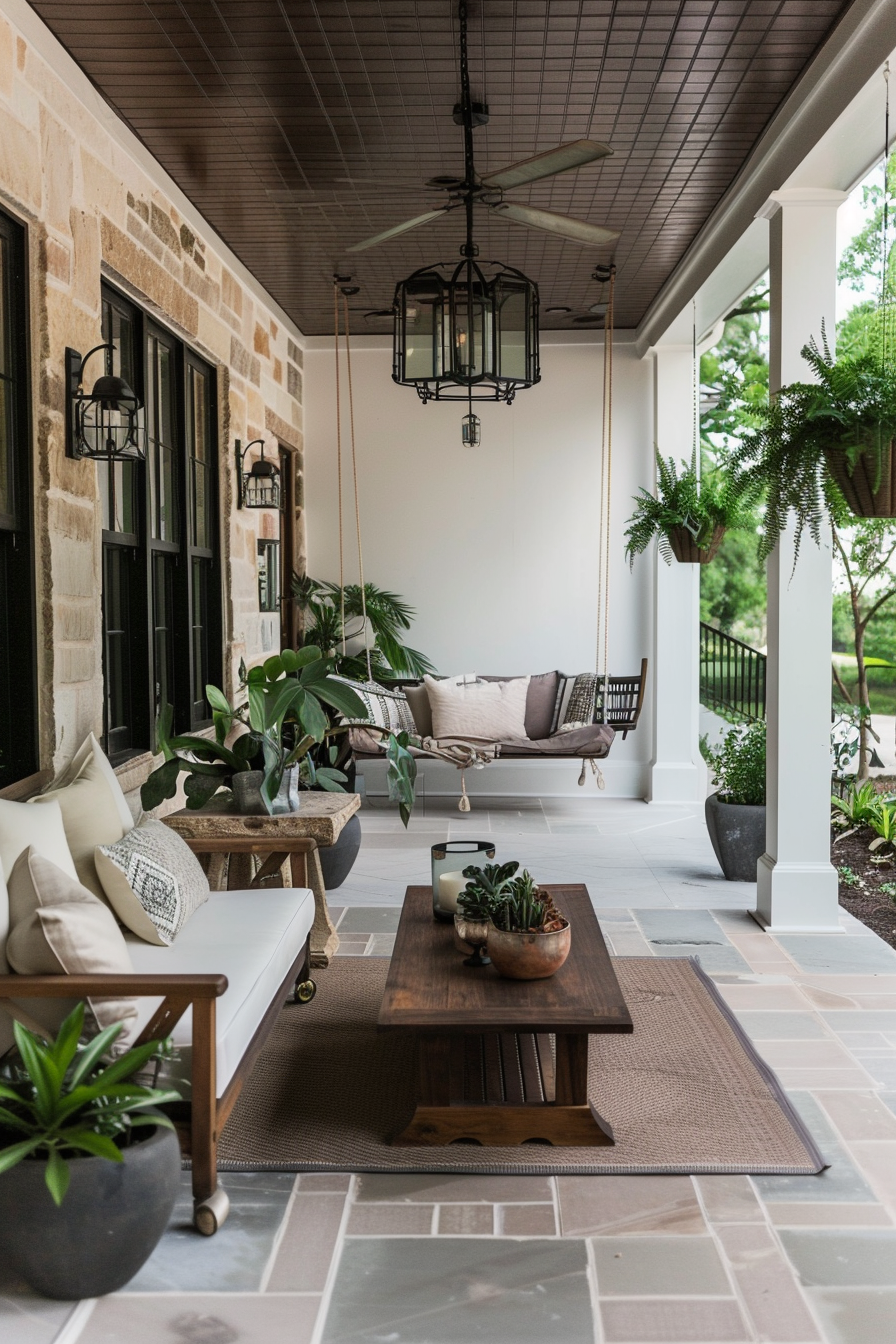 Porch with daybed, plants, and ambient lighting for a relaxing retreat.