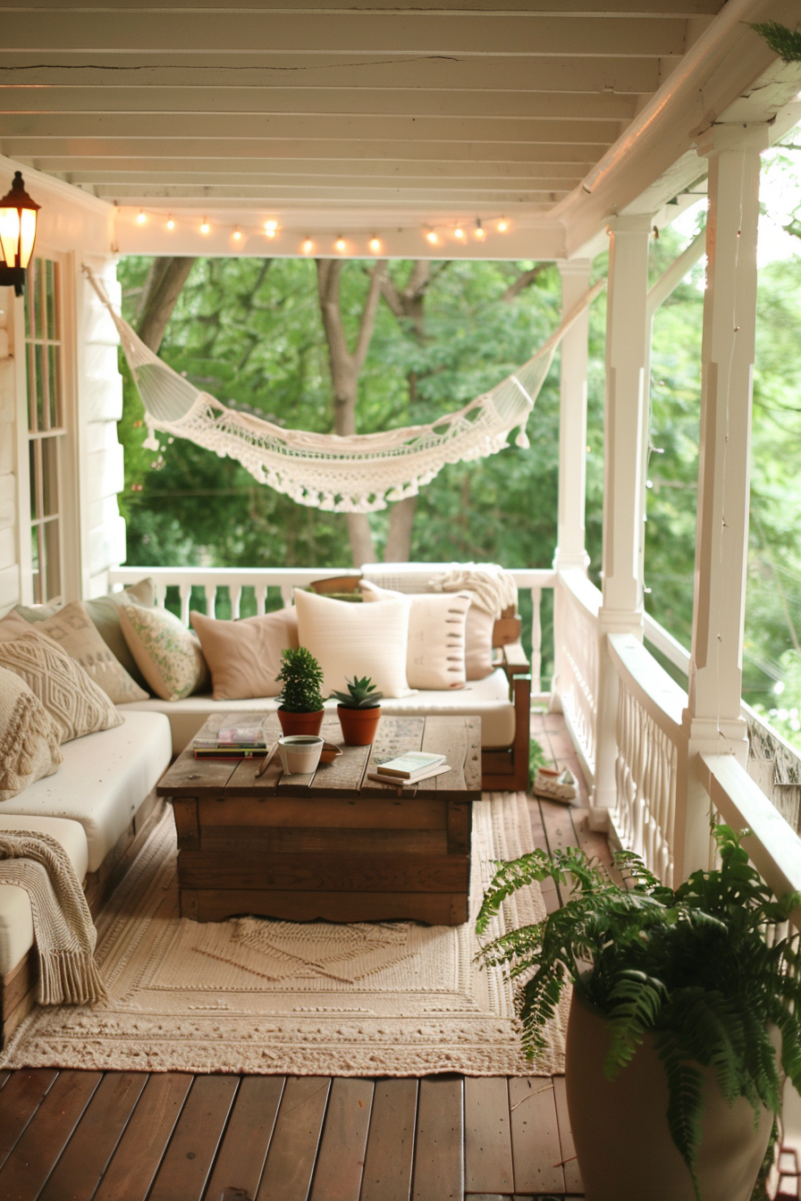 Porch with hammock, wooden table, and soft lighting.