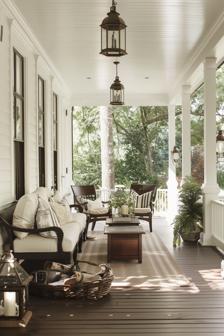 Porch with comfortable seating, central table, and lanterns for entertaining.