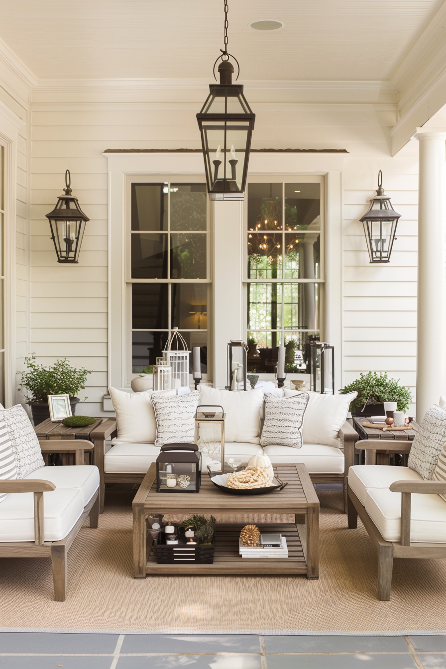 Porch with mixed seating, central table, and seasonal décor.