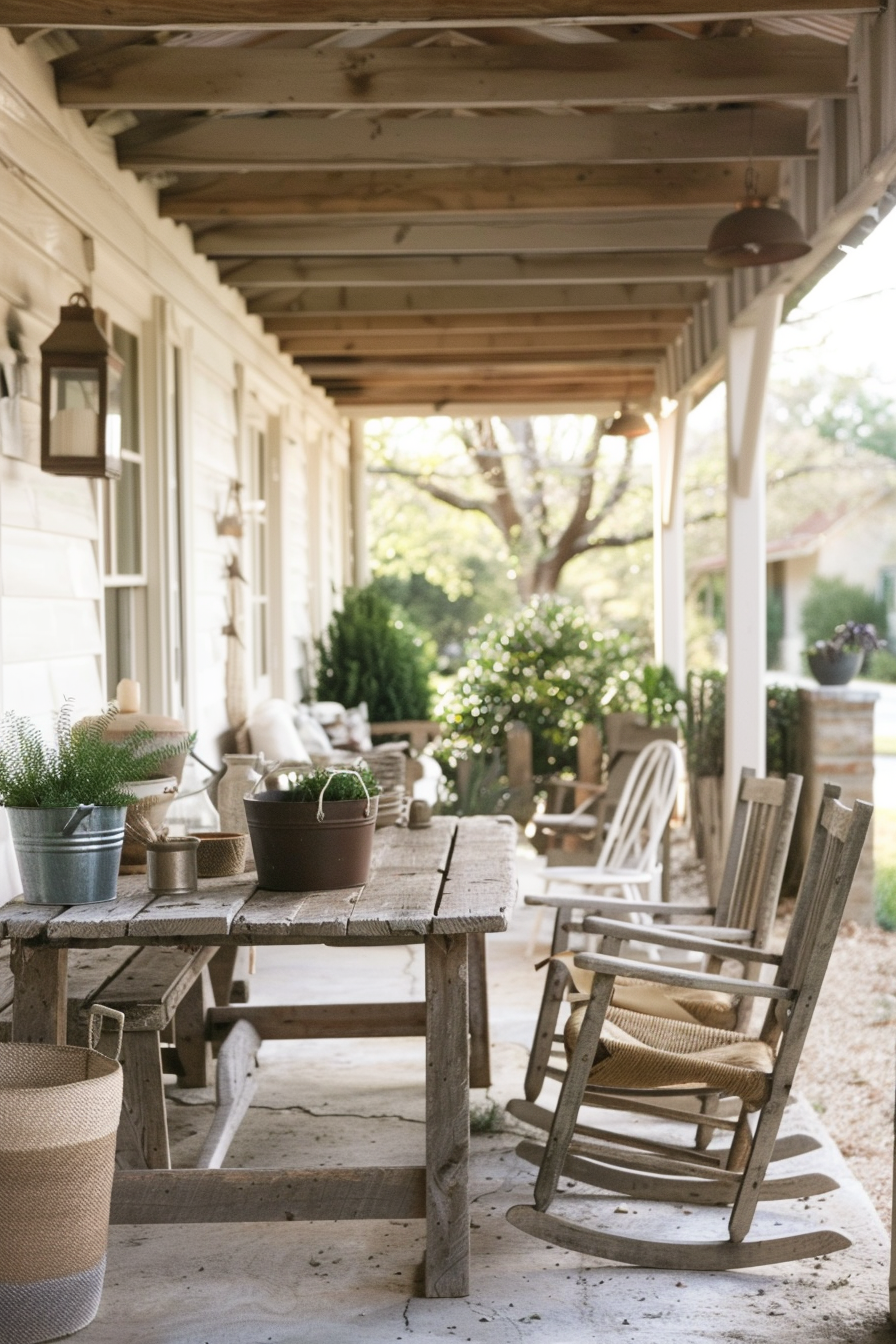 Porch with reclaimed wood furniture and vintage accessories.