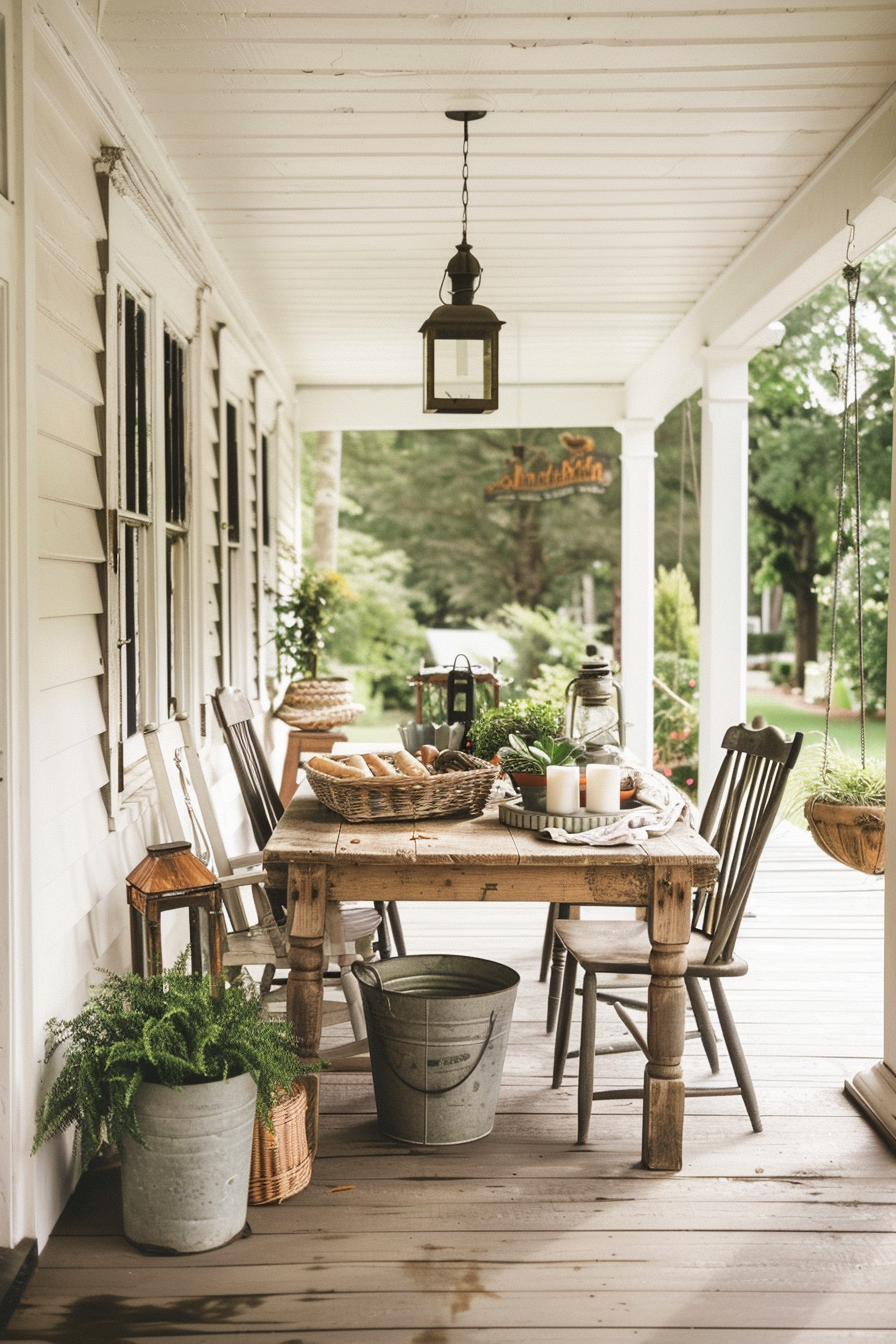 Porch with burlap cushions, jute rug, and seasonal flowers.
