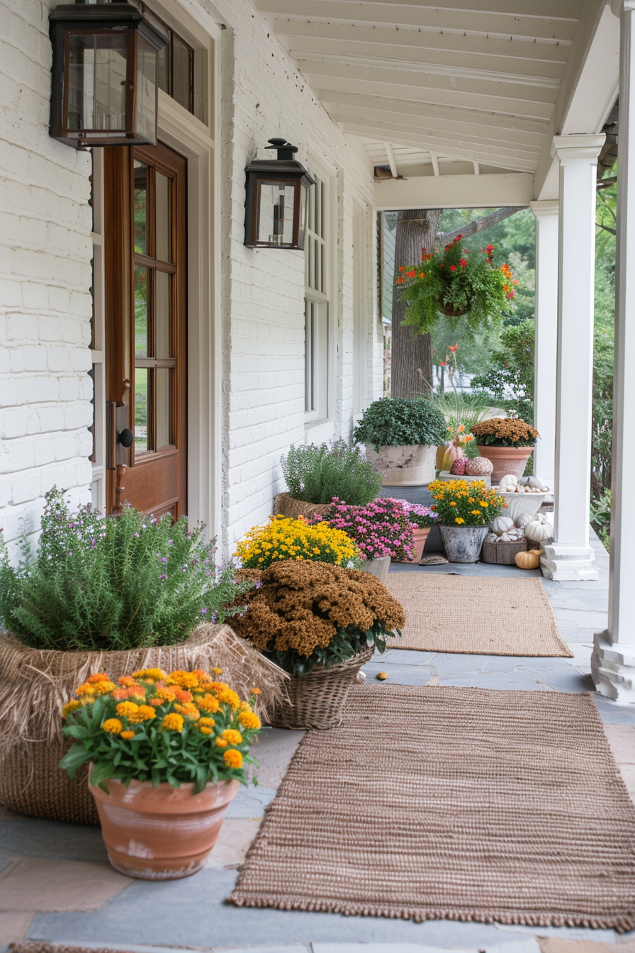 Porch decorated seasonally with pastels, tropical prints, and festive colors.