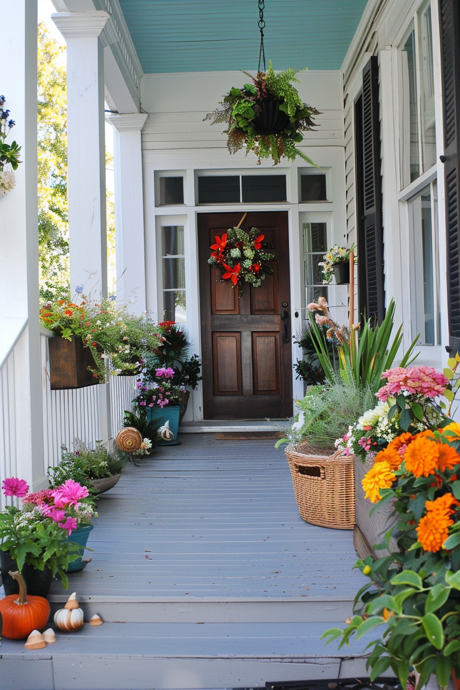 Porch with seasonal elements like seashells, pumpkins, and holiday wreaths.