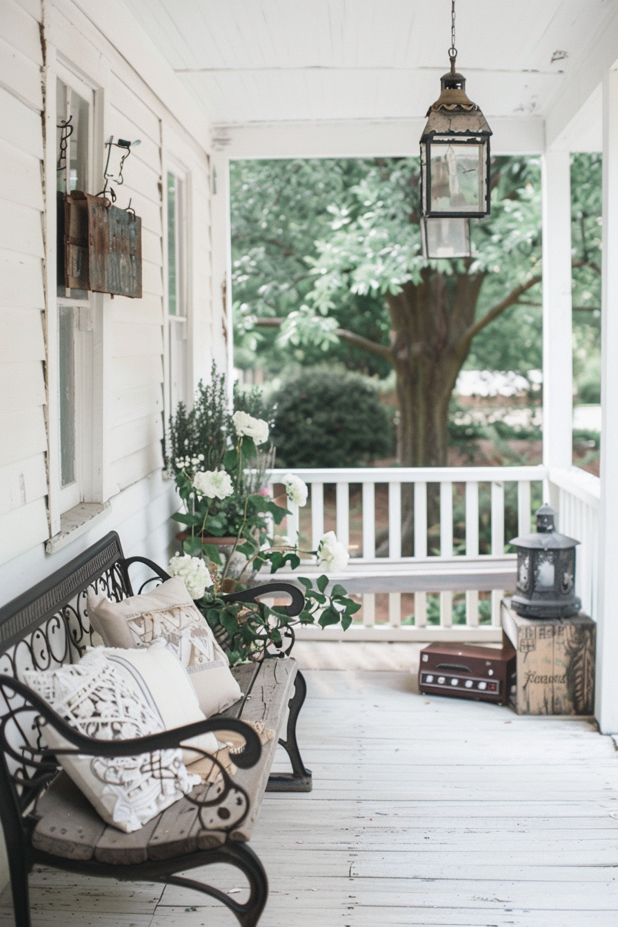 Porch with vintage-inspired furniture and accessories.