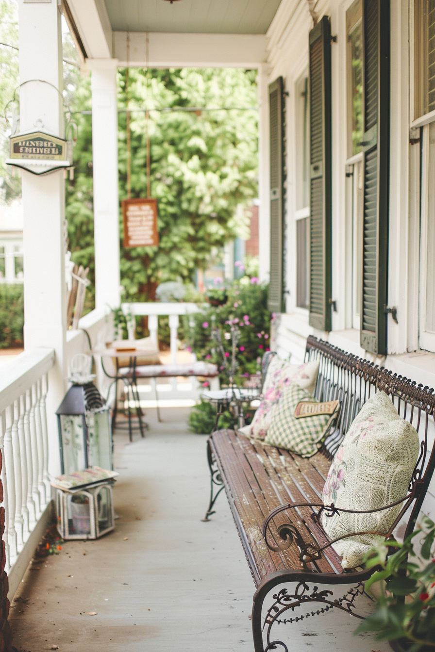 Porch with floral prints, gingham, and old books.