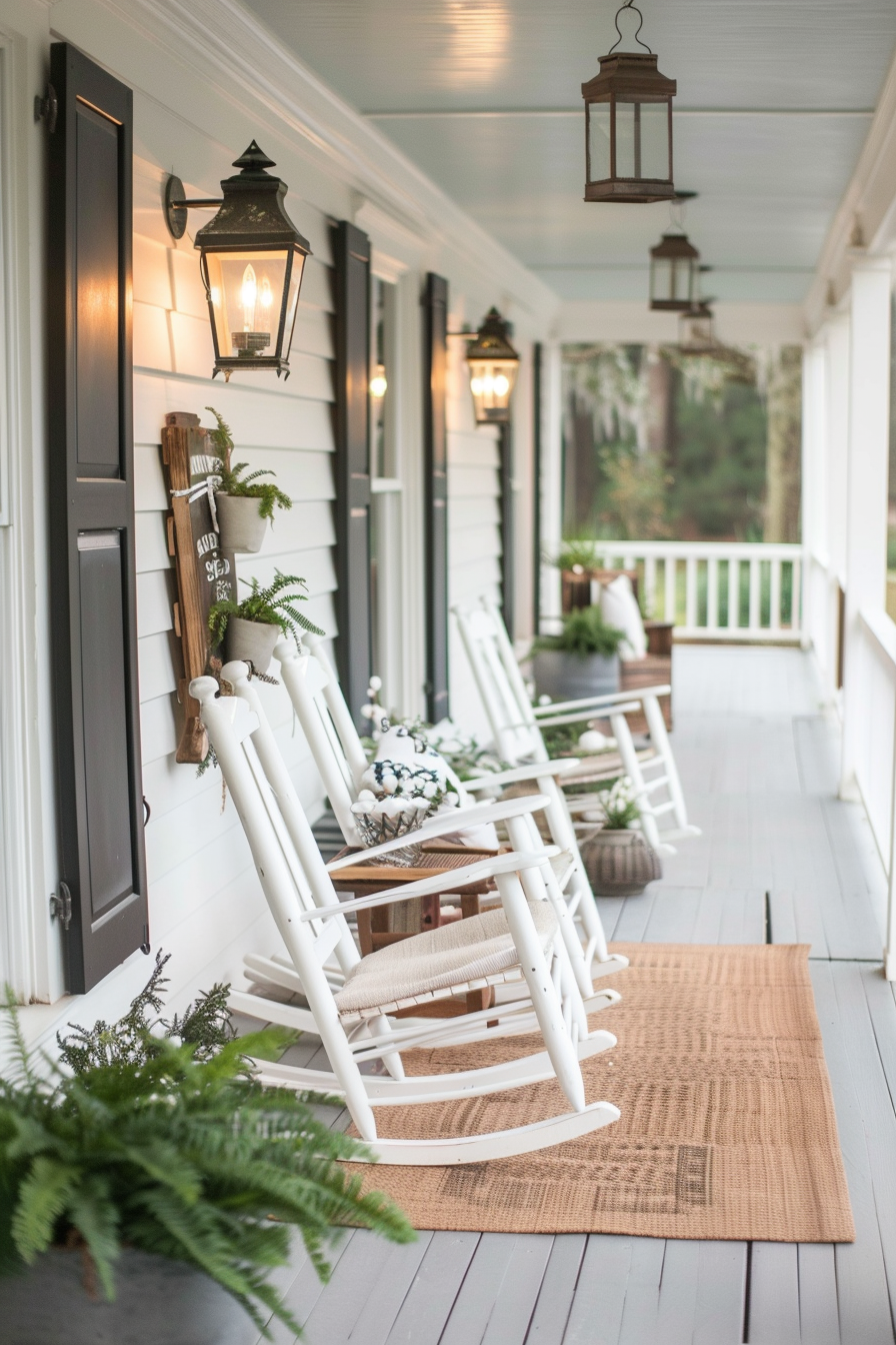 Farmhouse porch with white rocking chairs and hanging ferns.