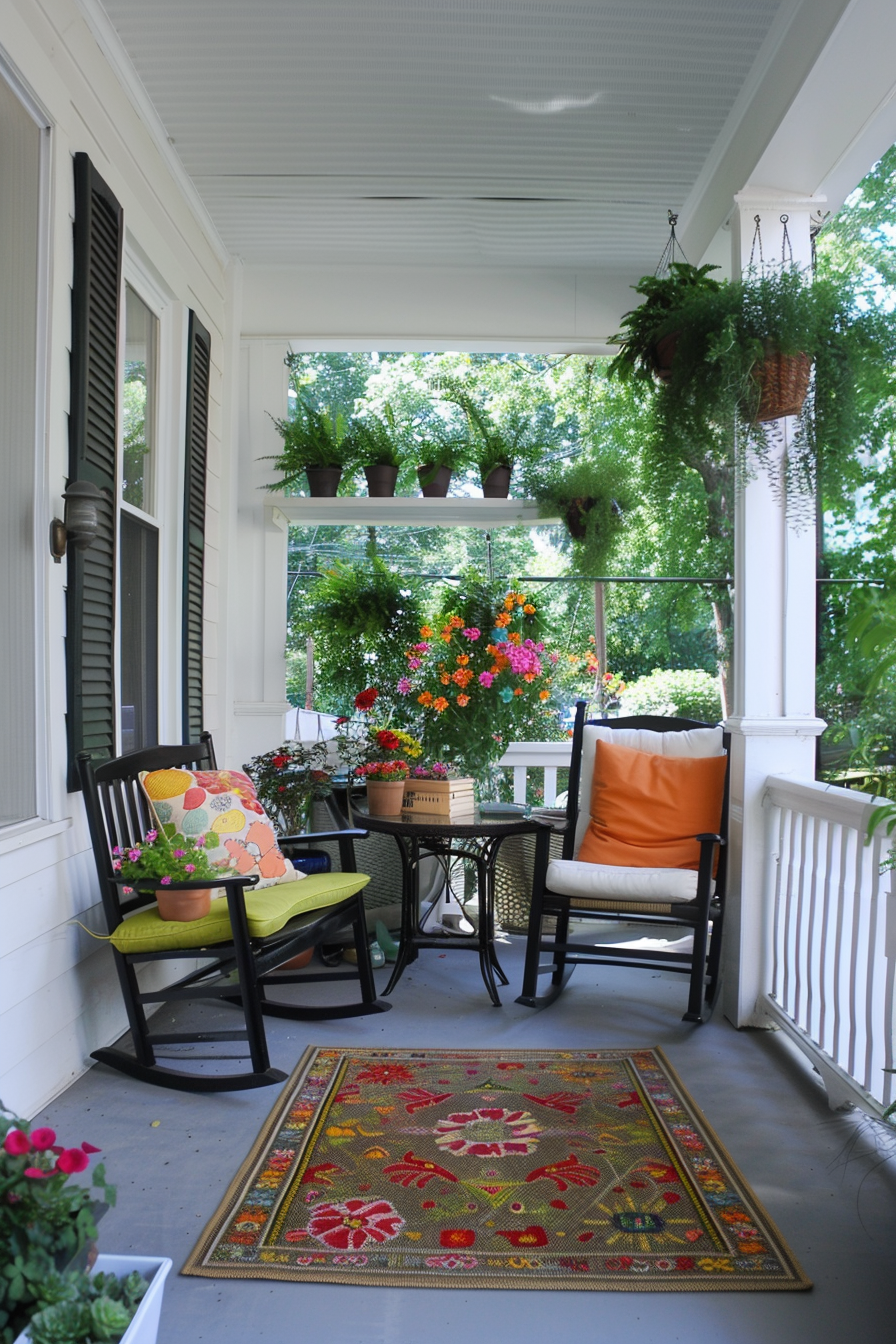 Small porch with bistro set and hanging planters.