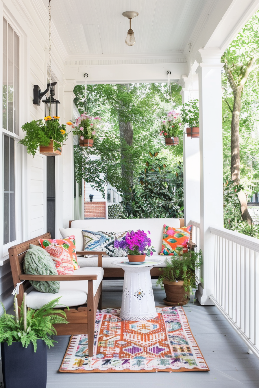 Small porch with bistro set and vibrant cushions.
