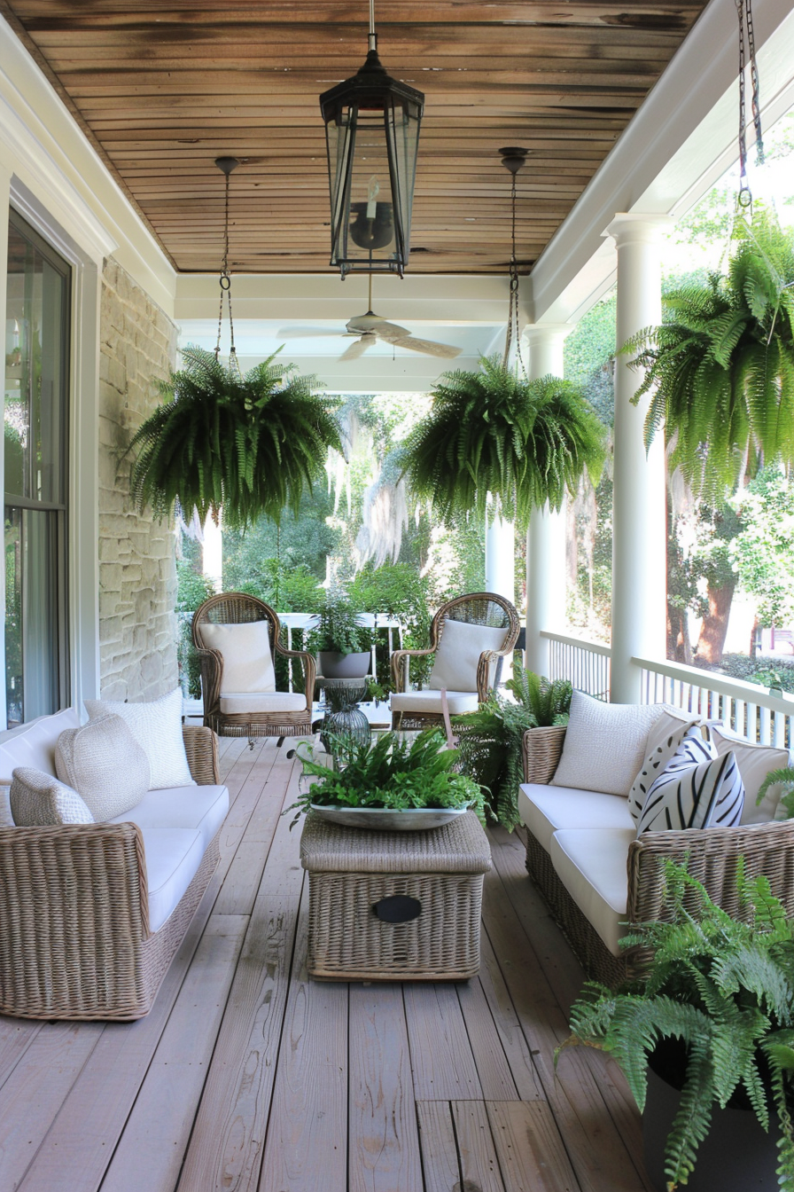 Porch with wicker furniture and hanging ferns.