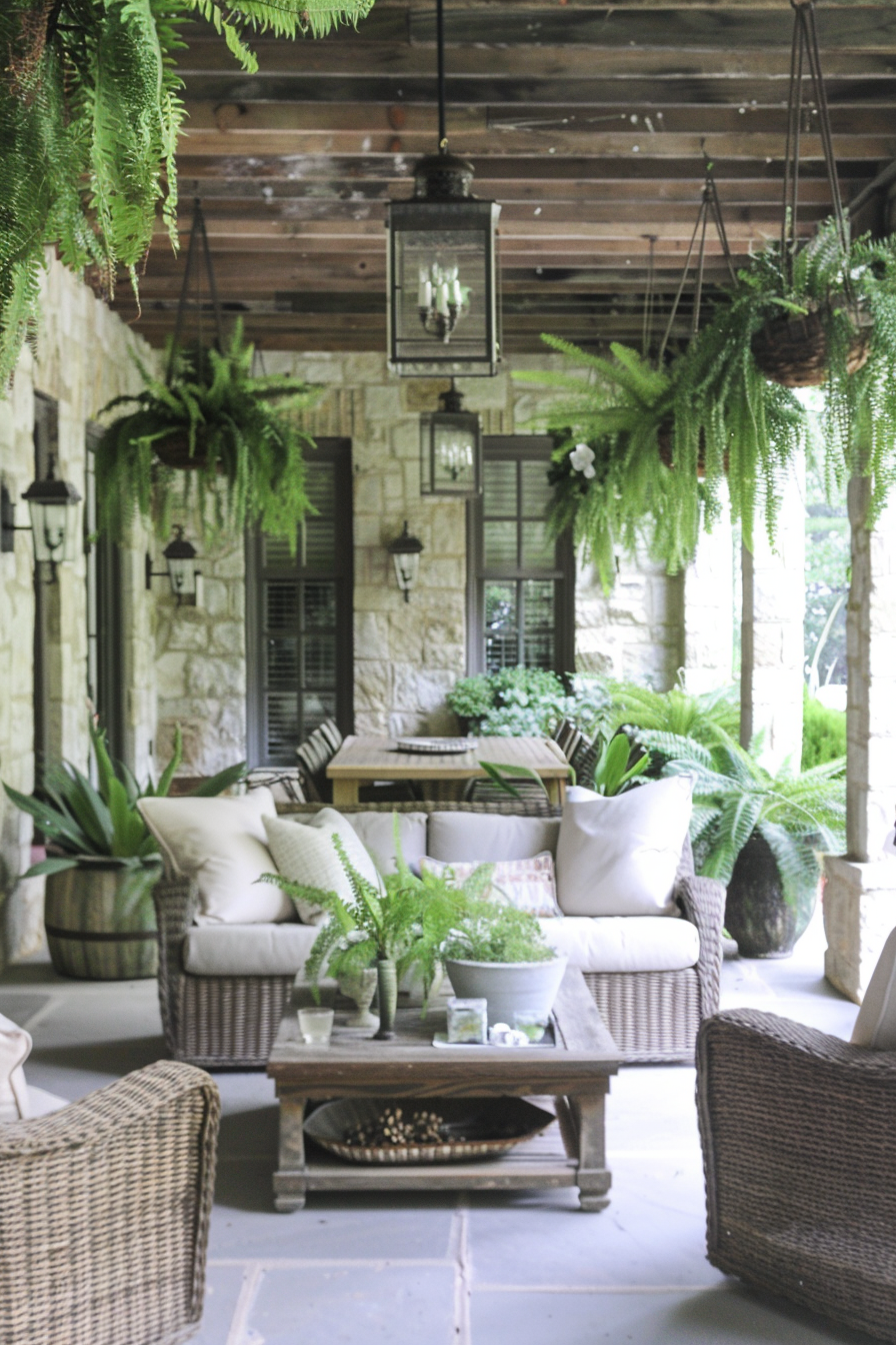 Porch with wicker furniture and neutral décor, framed by hanging ferns.