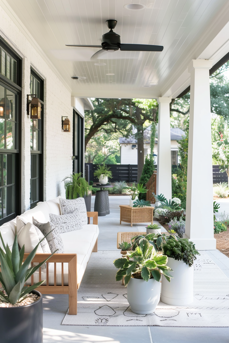 Modern porch with sleek furniture and monochromatic colors.