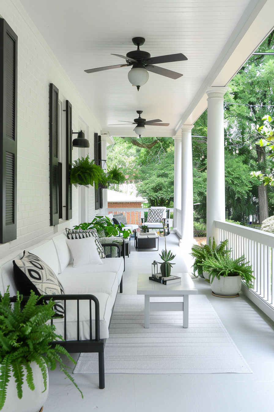 Modern porch with metallic accents and geometric shapes.