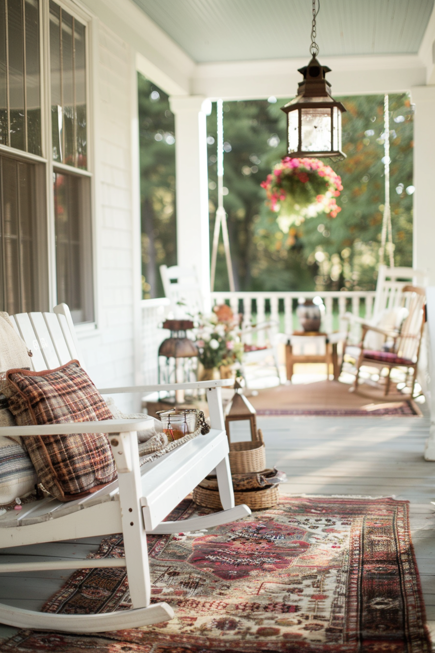 Country-style porch with wooden furniture and plaid cushions.